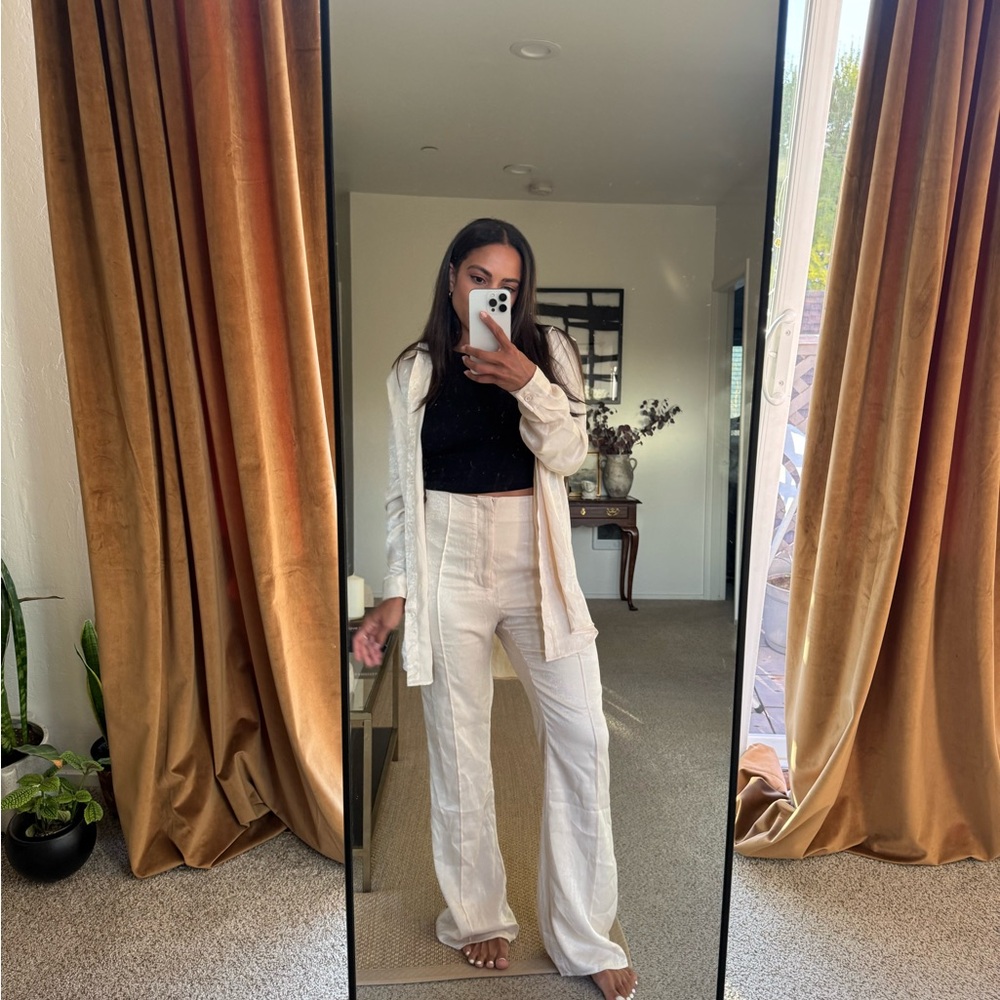 Cream Wide Leg Pants with Flowing Silhouette and High Waist
